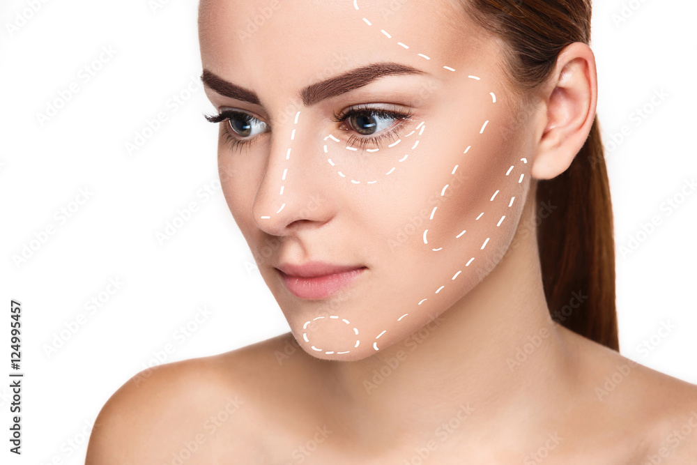 The beautiful woman face with arrows close up over white background - obrazy, fototapety, plakaty 