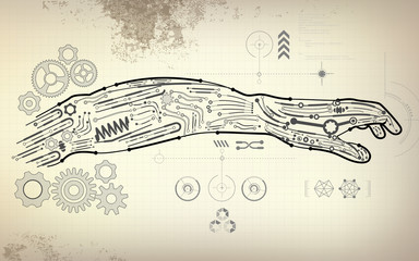 Wall Mural - drawing blueprint of robot hand; scientific interface; futuristic backdrop; abstract technology background;