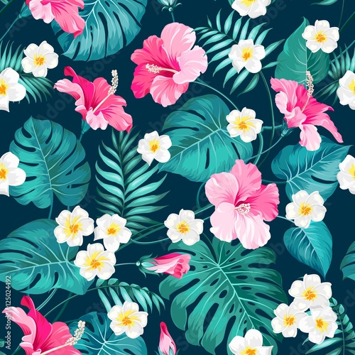 Materiał do szycia Plumeria tropikalnych i palm zielonych liści. Ciemnych tkanin z pradise kwiaty na białym tle niebieski. Bez szwu tkanina tekstura. Ilustracja wektorowa.