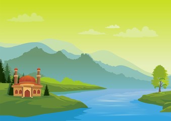 Islamic cartoons, with mosque and beautiful natural scenery