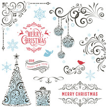Ornate Winter Holiday Collection With Swirls, Typographic Labels, Gift Box, Christmas Tree And Ornaments.