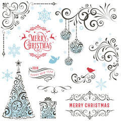 Wall Mural - ornate winter holiday collection with swirls, typographic labels, gift box, christmas tree and ornam