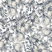 Classic Pattern. Beautiful Flowers Dogrose, Rosehip, Rose, Brier Isolated Realistic. Vintage Background Blooming Flowers. Drawing, Engraving. Freehand. Wallpaper. Vector Victorian Style Illustration.