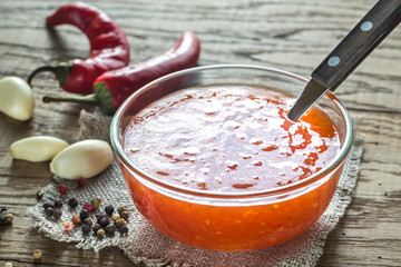 Glass bowl of thai sweet chili sauce