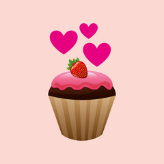 Poster - heart cartoon cupcake chocolate pink cream and strawberry sweet icon design vector illustration