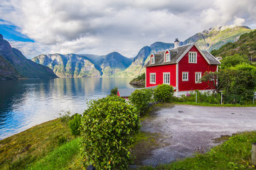 view to sognefjord in norway. small town and cruise port olden in norwegian fjords. bird view of fjo