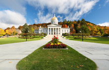 The Vermont State House With Colorful Foliage In Background.  Located In Montpelier, The House Is The State Capitol Of Vermont, In The United States. 