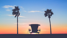 Vintage Lifeguard Tower At The Beach With Sunset In Background In San Diego, California 