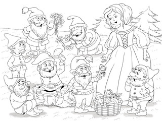 Wall Mural - Snow white and seven dwarfs. Fairy tale. A beautiful princess surrounded by seven dwarfs. Illustration for children. Coloring book. Cartoon character