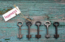 Key To Happiness Among Other Ones On Vintage Wooden Background