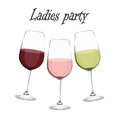 Ladies party wineglasses set red rose white wine vector illustration