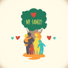 Wall Mural - Happy family icon multicolored in simple figures. Three children, dad and mom stand together under the tree. Vector can be used as logotype