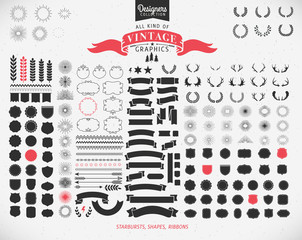 Huge Premium design elements. Great for retro vintage logos. Starbursts, frames and ribbons Designers Collection