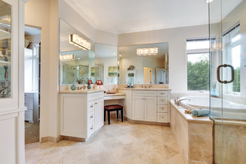 Wall Mural - Master bathroom interior with beige tile floor