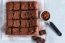 Homemade Brownies With Dark Chocolate And Cocoa. Overhead Shot.