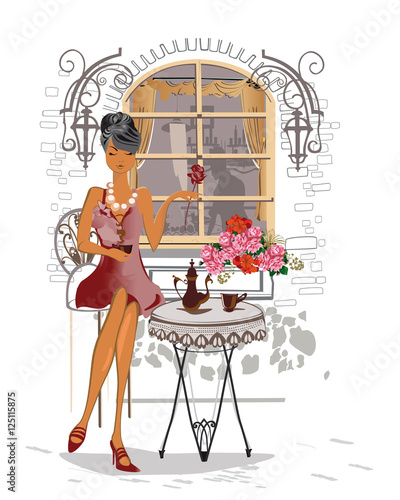 Series of street cafes in the city with people drinking coffee. Girl in the s...