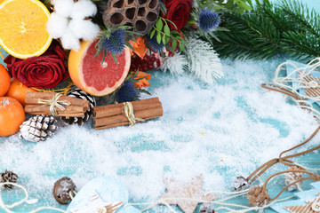 Wall Mural - Christmas Background, snow, spruce, tangerines, mockup