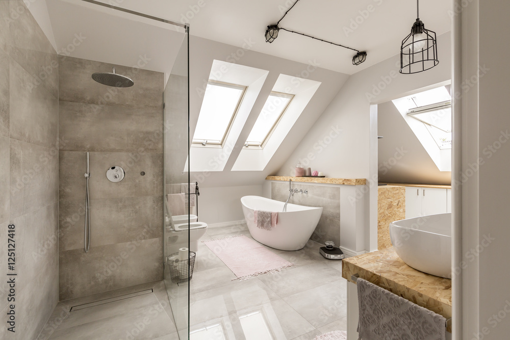 Modern bathroom interior with minimalistic shower - obrazy, fototapety, plakaty 