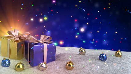 Wall Mural - Christmas gifts in snow on blue bokeh background. Seamless loop. 3D render.
