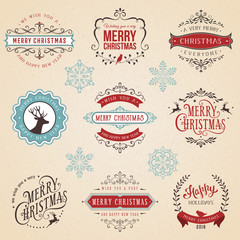 Wall Mural - ornate typographic labels and badges set with merry christmas, happy new year and holidays wishes.