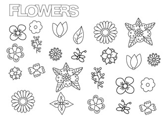 Wall Mural - Hand drawn flowers set. Coloring book page template.  Outline doodle vector illustration.