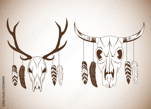 Deer And Bull Skull Icon Boho Style Bohemic Ornament Indian And