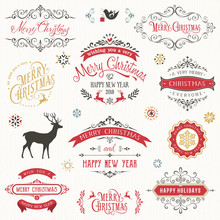 Vintage Typographic Design Set. Ornate Vector Labels And Badges With Merry Christmas And Happy New Year Wishes.