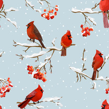 Winter Birds With Rowan Berries Retro Background - Seamless Pattern