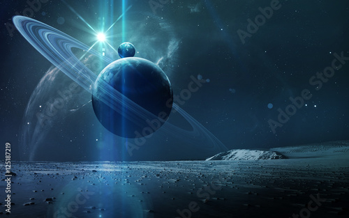 Fotomural Abstract scientific background - planets in space, nebula and stars