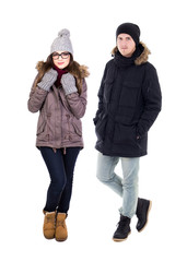 Wall Mural - full length portrait of young woman and handsome man in winter c