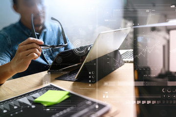 Poster - Website designer working digital tablet and computer laptop with