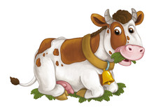 Cartoon Happy Cow Is Lying Down Resting Looking And Eating Grass - Artistic Style - Isolated Background - Illustration For Children