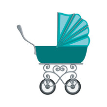 Traditional Baby Carriage With Blue Soft Top Vector Illustration