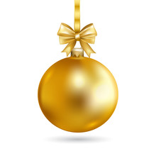 Gold Christmas Ball With Bow. Holiday Christmas Toy For Fir Tree.