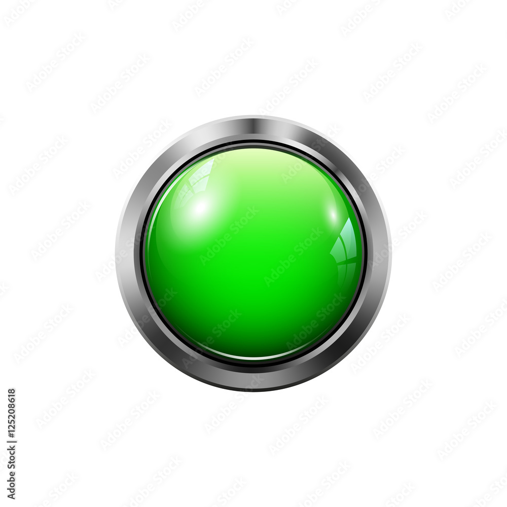 Vector round green button with metal frame, realistic design
