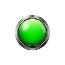 Vector Round Green Button With Metal Frame, Realistic Design