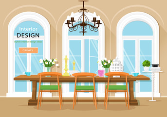 Wall Mural - Vintage graphic dining room interior with dining table, chairs and large windows. Flat style vector illustration.