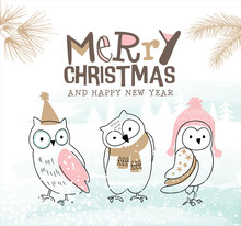 Hand Drawn Christmas Card With Cute Little Owls
