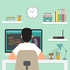 Wall Mural - programmer working, writing code. programmer concept. work space. flat style vector illustration