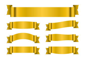 Wall Mural - Ribbon gold banners set. Sign golden satin blank for promotion, web, advertising text. Collection shiny scrolls design decoration elements. Symbol vintage label, isolated on white. Vector illustration