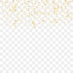 Gold confetti celebration isolated on transparent background. Falling golden abstract decoration for party, birthday celebrate, anniversary or event, festive. Festival decor. Vector illustration