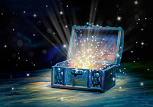 Close Up Concept Greeting Card Of Opened Vintage Chest Treasure