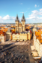 Top Cityscape View On The Old Town Square With Tyn Cathedral During The Sunny Day In Prague