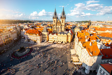 Top Cityscape View On The Old Town Square With Tyn Cathedral During The Sunny Day In Prague