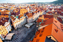 Top Cityscape View On The Old Town Square From The Clock Tower During The Sunset In Prague