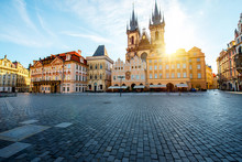 View On The Old Town Square With Famous Tyn Cathedral On The Sunrise In Prague
