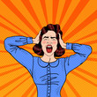 Pop Art Angry Frustrated Woman Screaming and Holding Head. Vector illustration