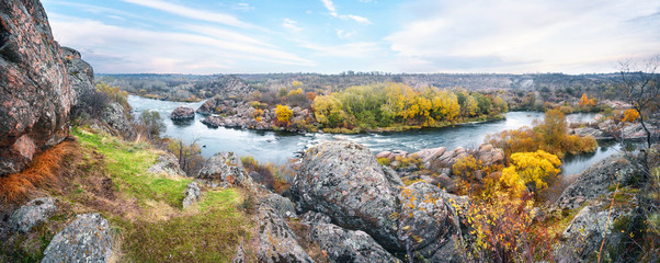 Wall Mural - panorama of mountain river among stones
