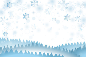 Wall Mural - Winter background with falling snowflakes and pine trees