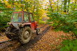 autumn forest road and tracktor driving